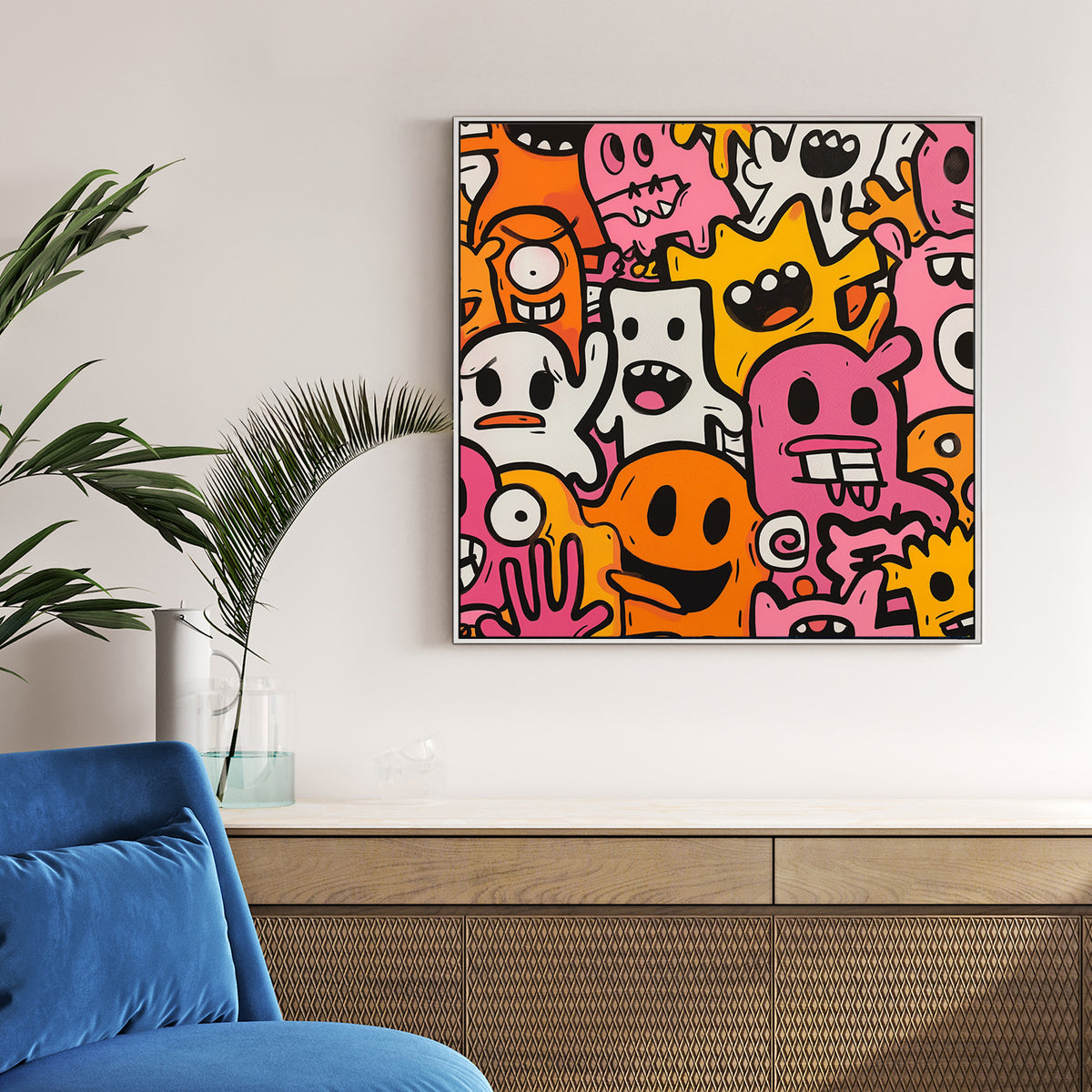 colourful cartoon doodles of playful monster characters wall art