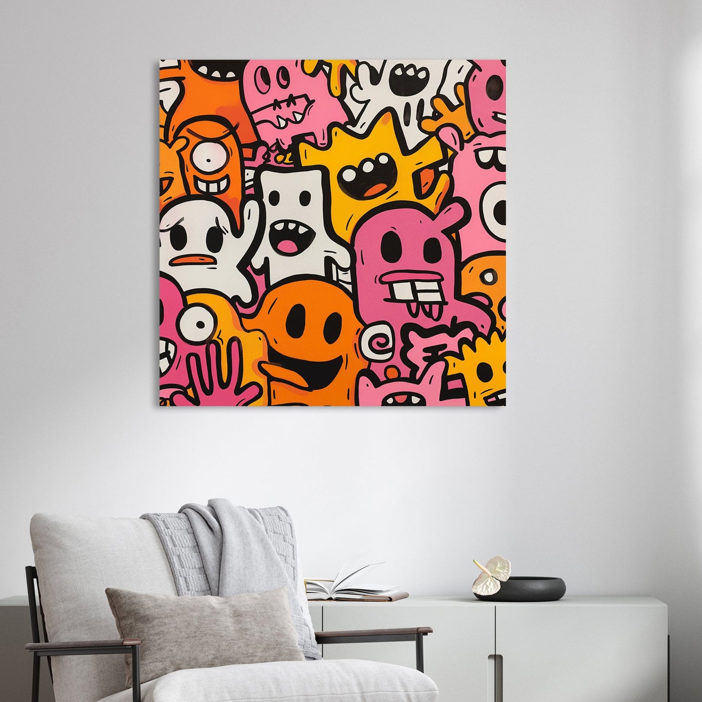 colourful cartoon doodles of playful monster characters wall art