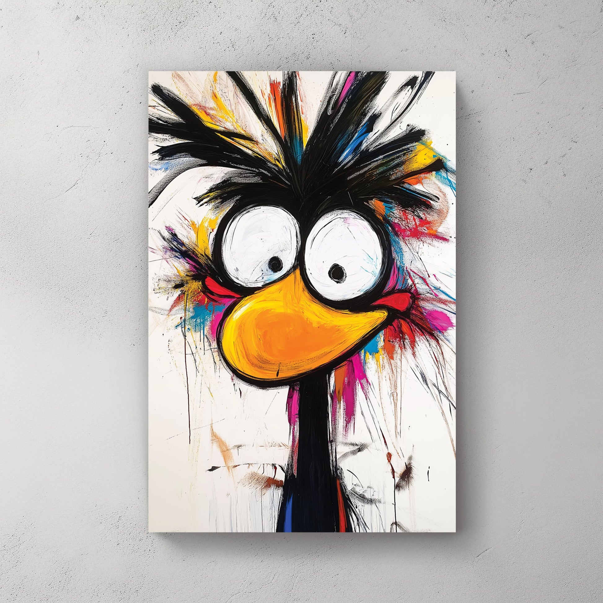 quirky cartoon bird with large eyes and paint splatter background wall art