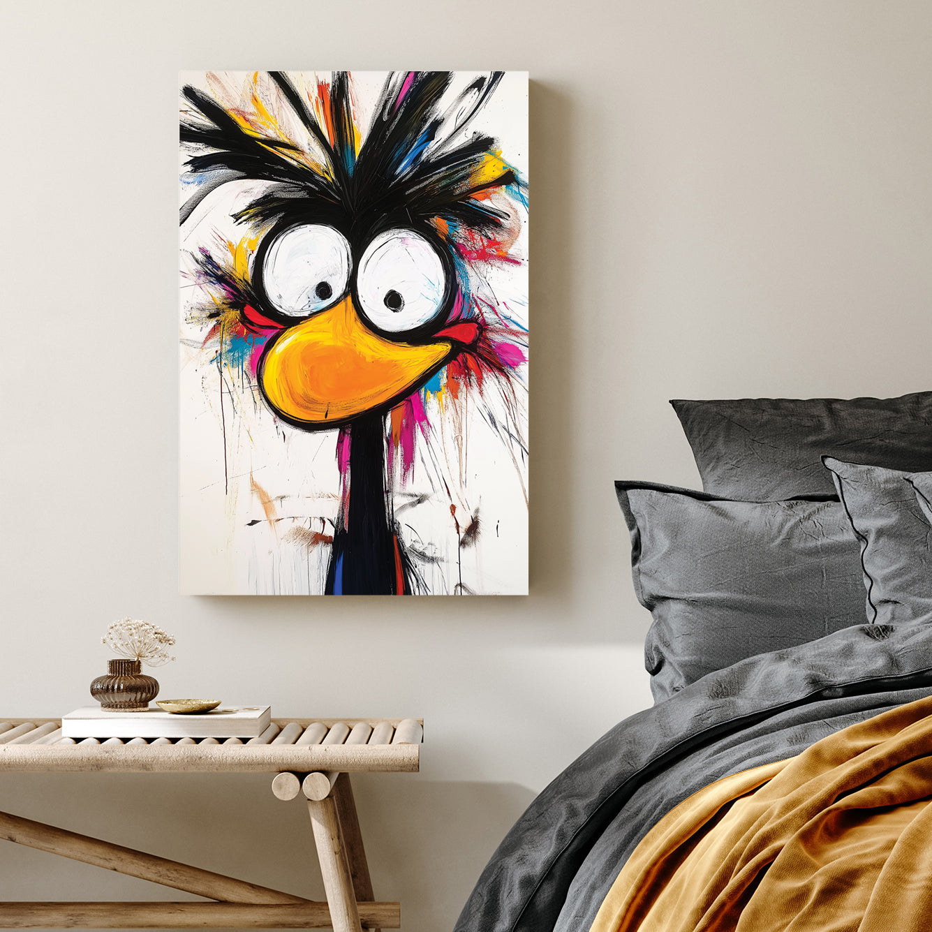 quirky cartoon bird with large eyes and paint splatter background wall art