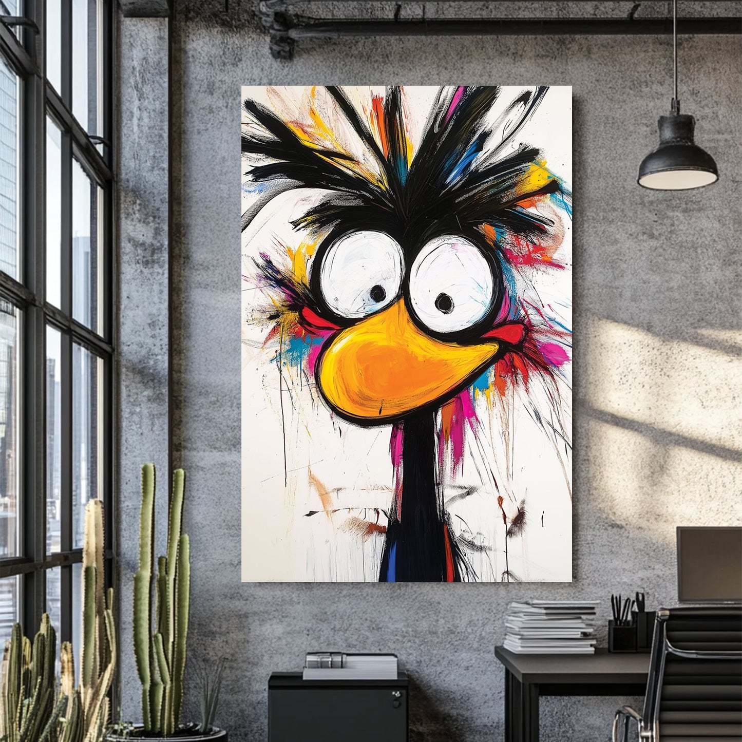 quirky cartoon bird with large eyes and paint splatter background wall art