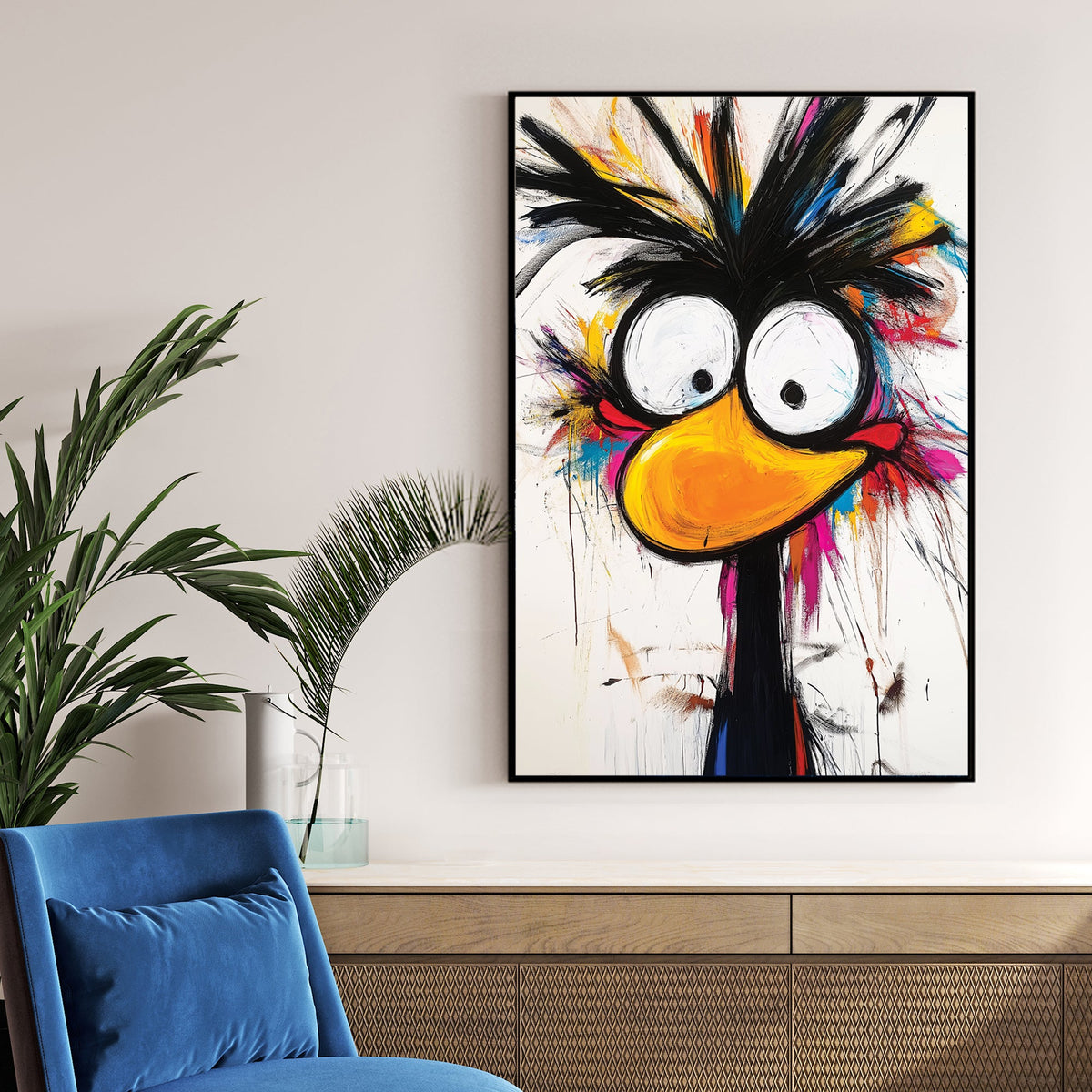 quirky cartoon bird with large eyes and paint splatter background wall art