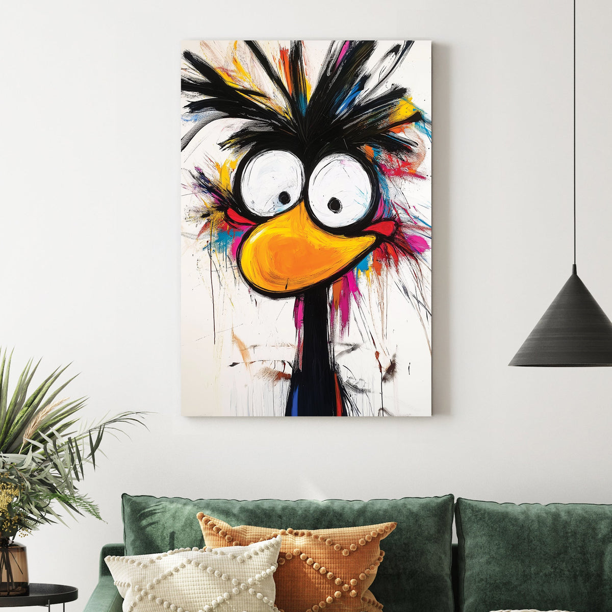 quirky cartoon bird with large eyes and paint splatter background wall art