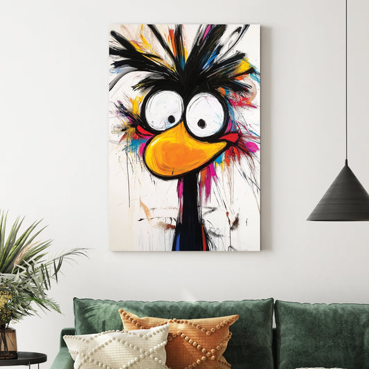 quirky cartoon bird with large eyes and paint splatter background wall art