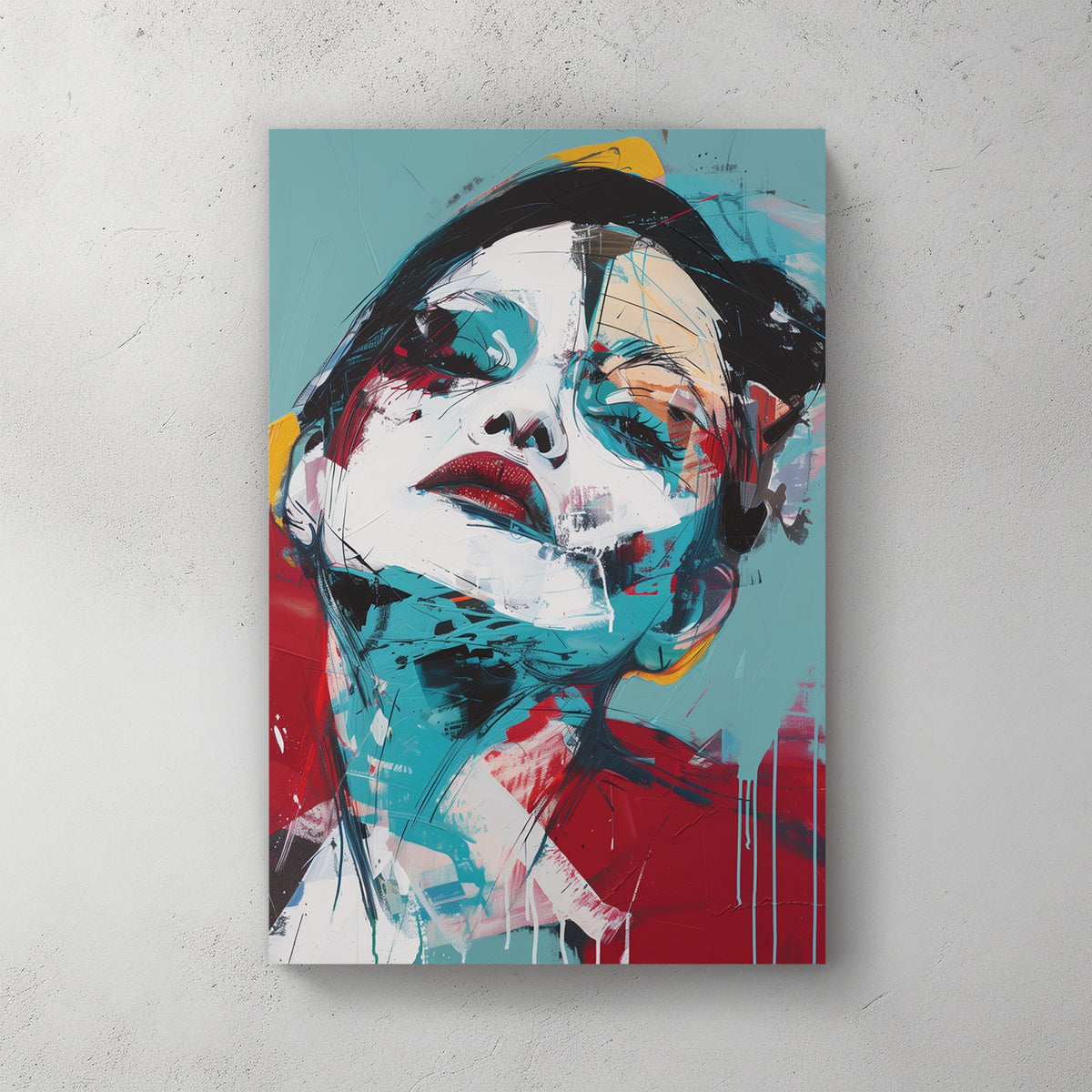 abstract portrait of woman with tilted head in bold red and teal brushstrokes wall art