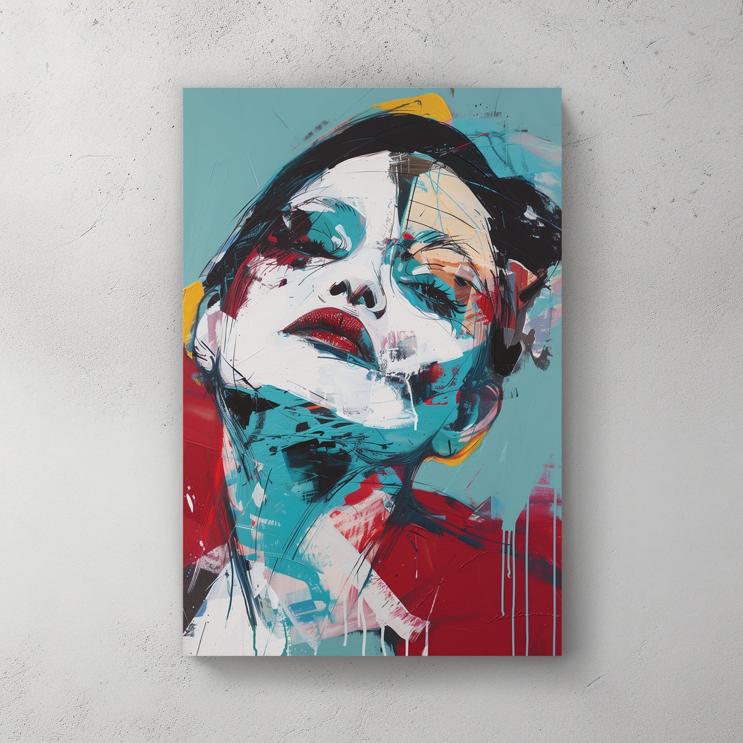 abstract portrait of woman with tilted head in bold red and teal brushstrokes wall art