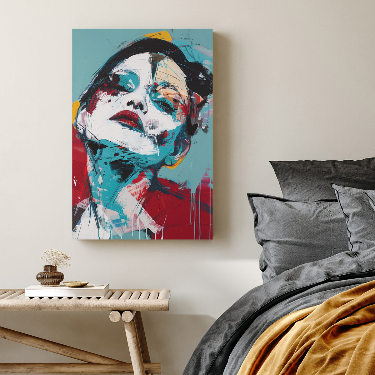 abstract portrait of woman with tilted head in bold red and teal brushstrokes wall art