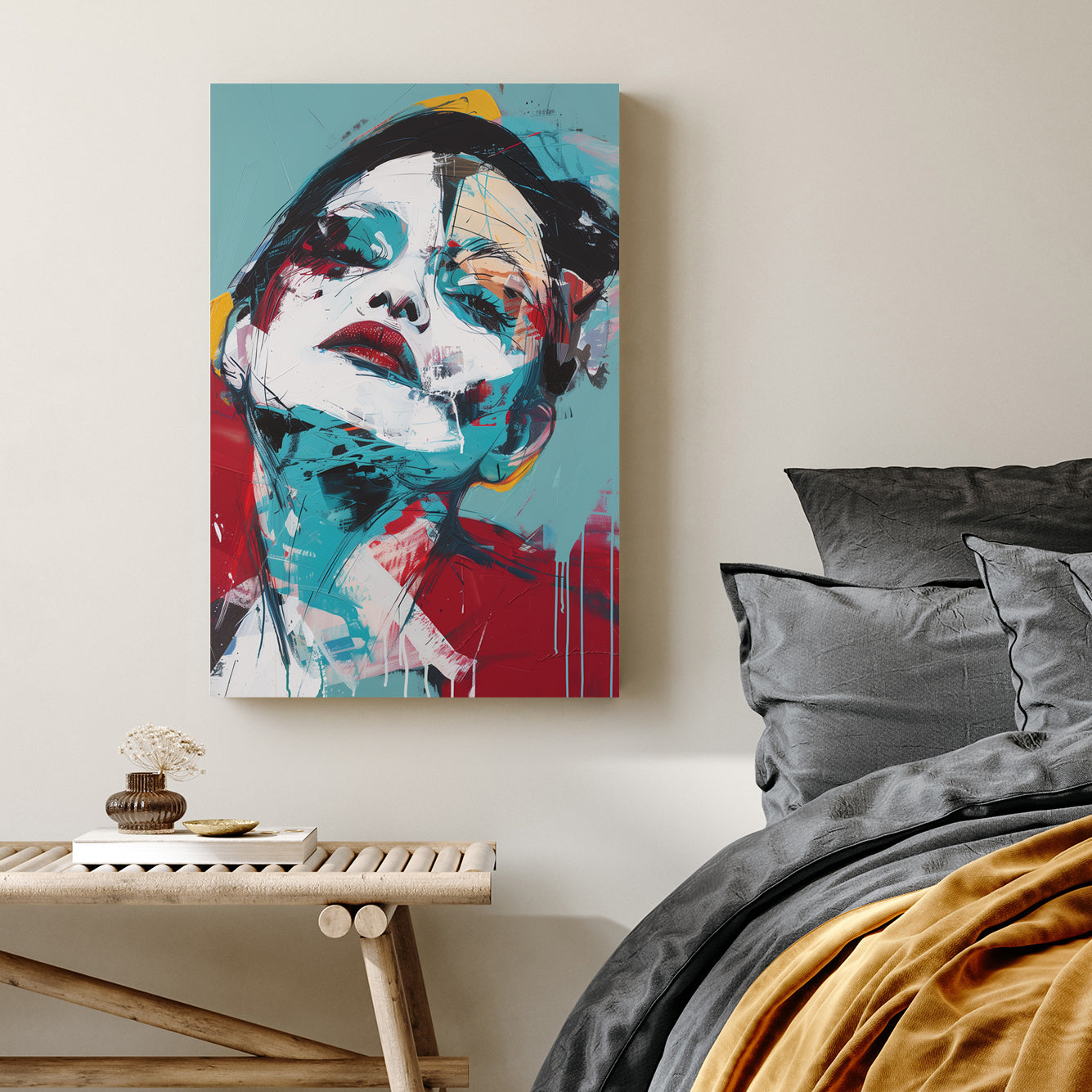 abstract portrait of woman with tilted head in bold red and teal brushstrokes wall art