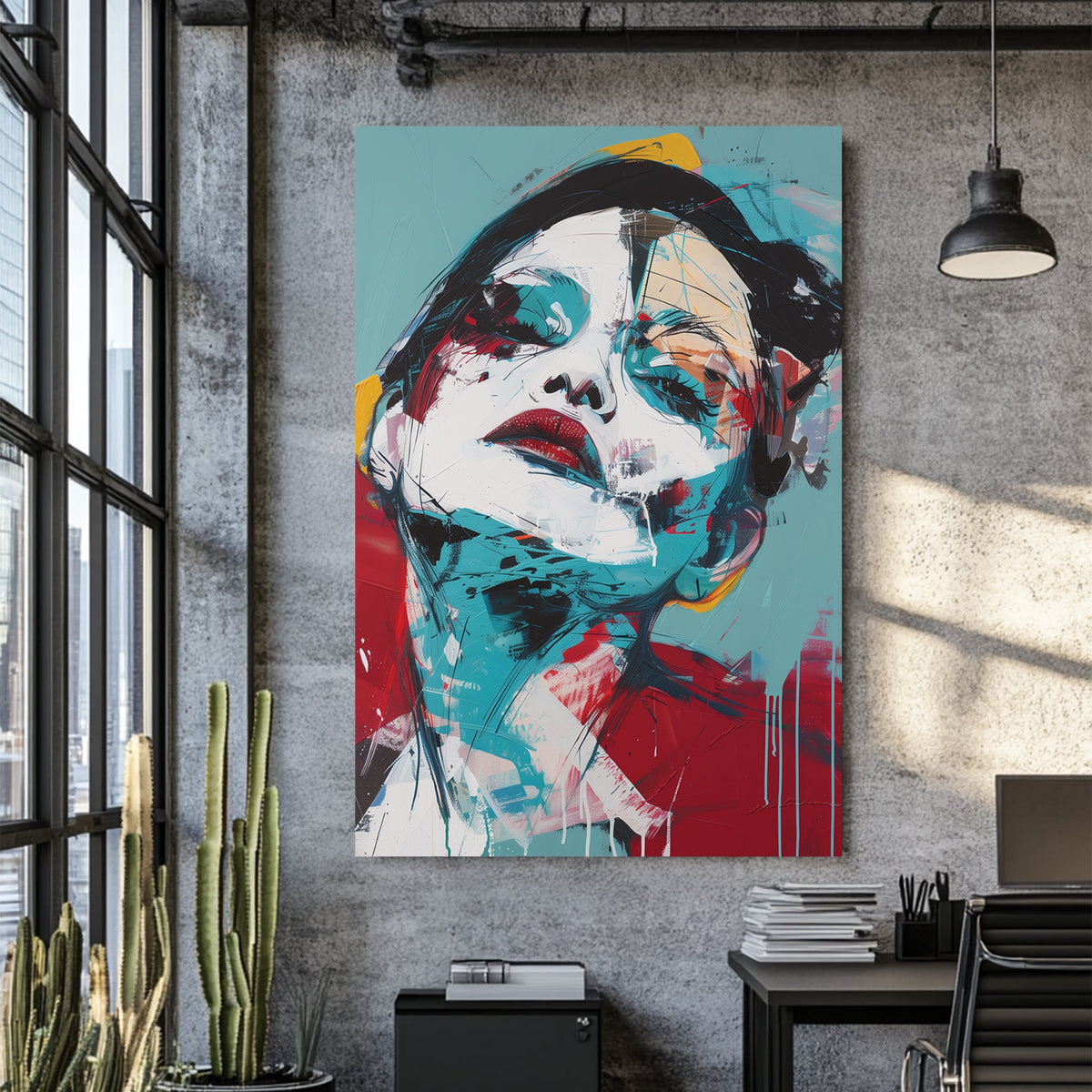 abstract portrait of woman with tilted head in bold red and teal brushstrokes wall art