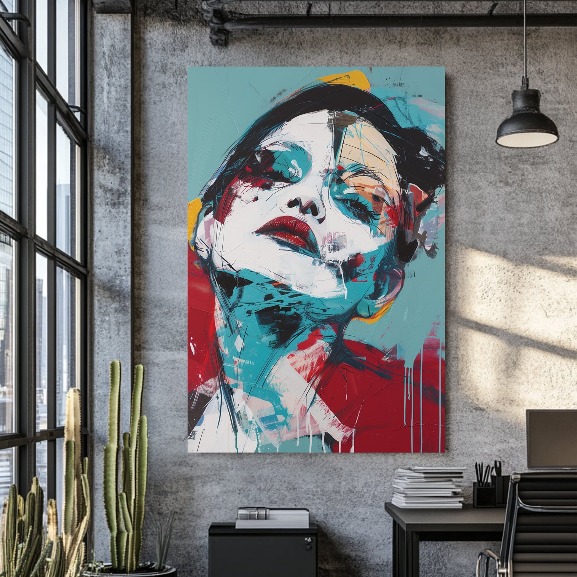 abstract portrait of woman with tilted head in bold red and teal brushstrokes wall art
