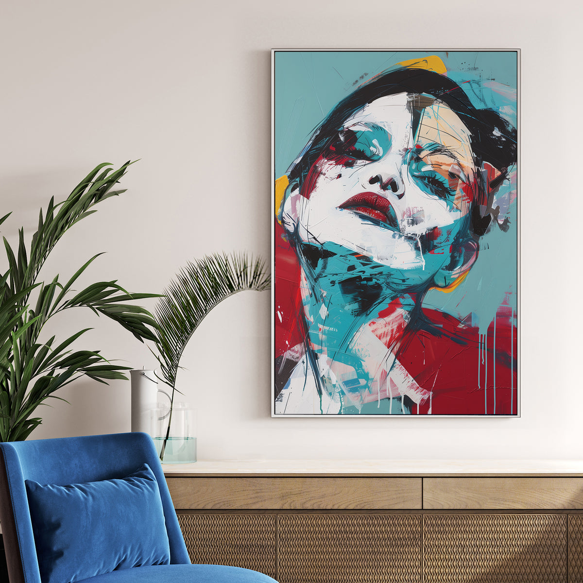 abstract portrait of woman with tilted head in bold red and teal brushstrokes wall art