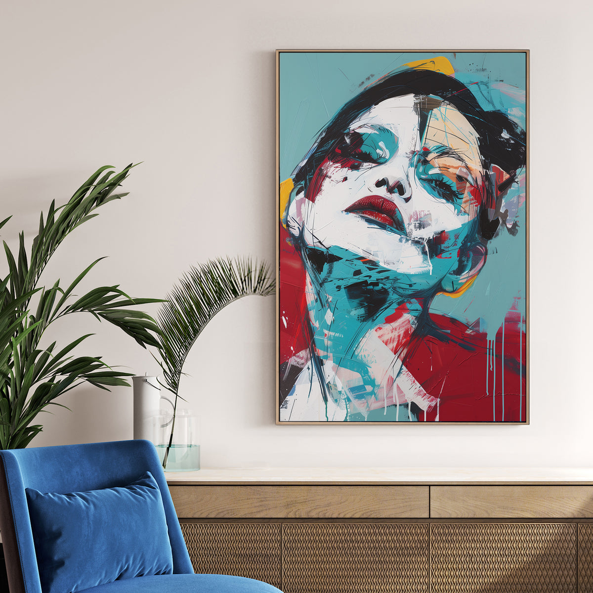 abstract portrait of woman with tilted head in bold red and teal brushstrokes wall art