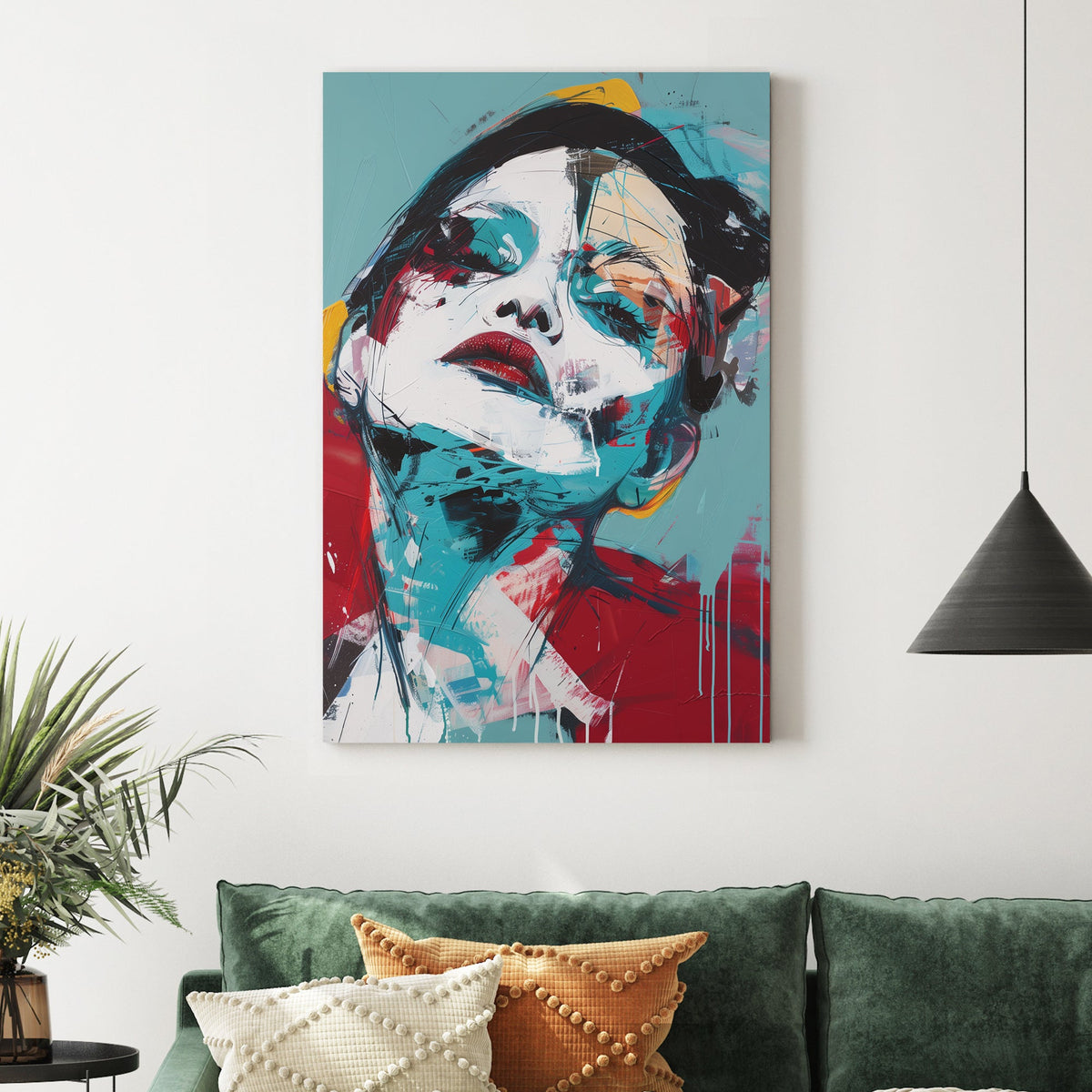 abstract portrait of woman with tilted head in bold red and teal brushstrokes wall art