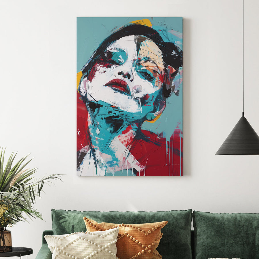 abstract portrait of woman with tilted head in bold red and teal brushstrokes wall art