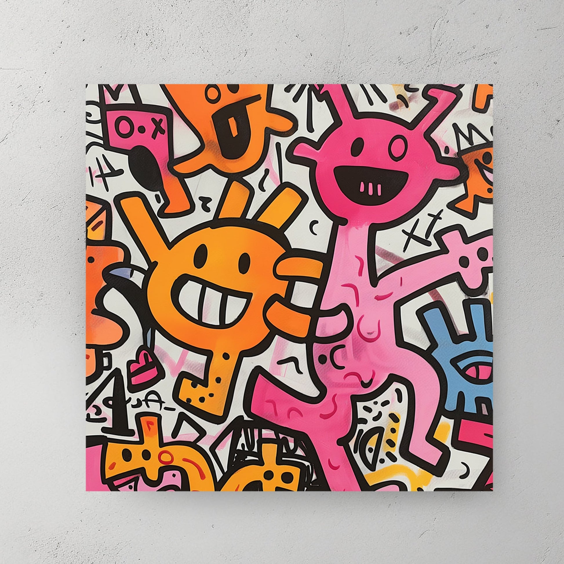playful pink and orange cartoon creatures on white background wall art