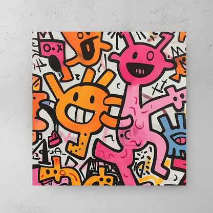 playful pink and orange cartoon creatures on white background wall art