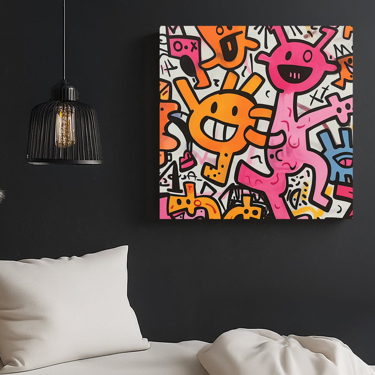 playful pink and orange cartoon creatures on white background wall art