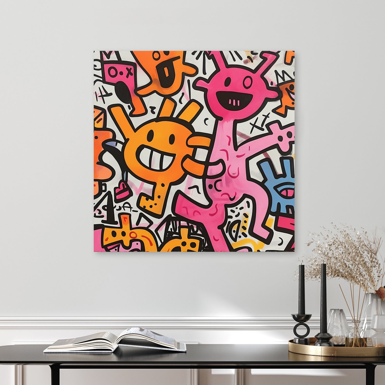 playful pink and orange cartoon creatures on white background wall art