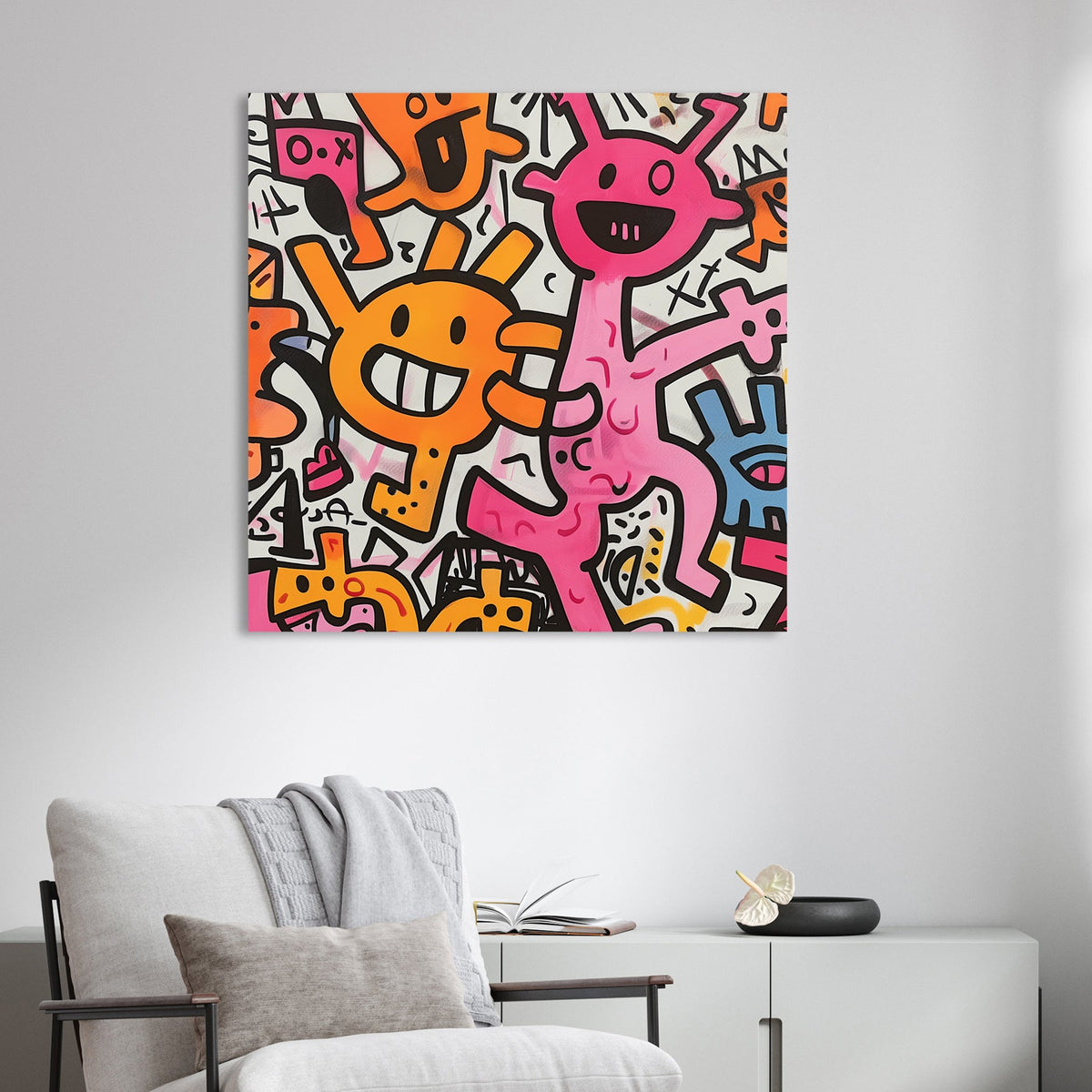 playful pink and orange cartoon creatures on white background wall art