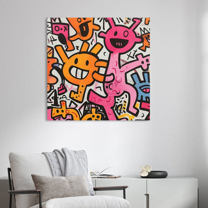 playful pink and orange cartoon creatures on white background wall art