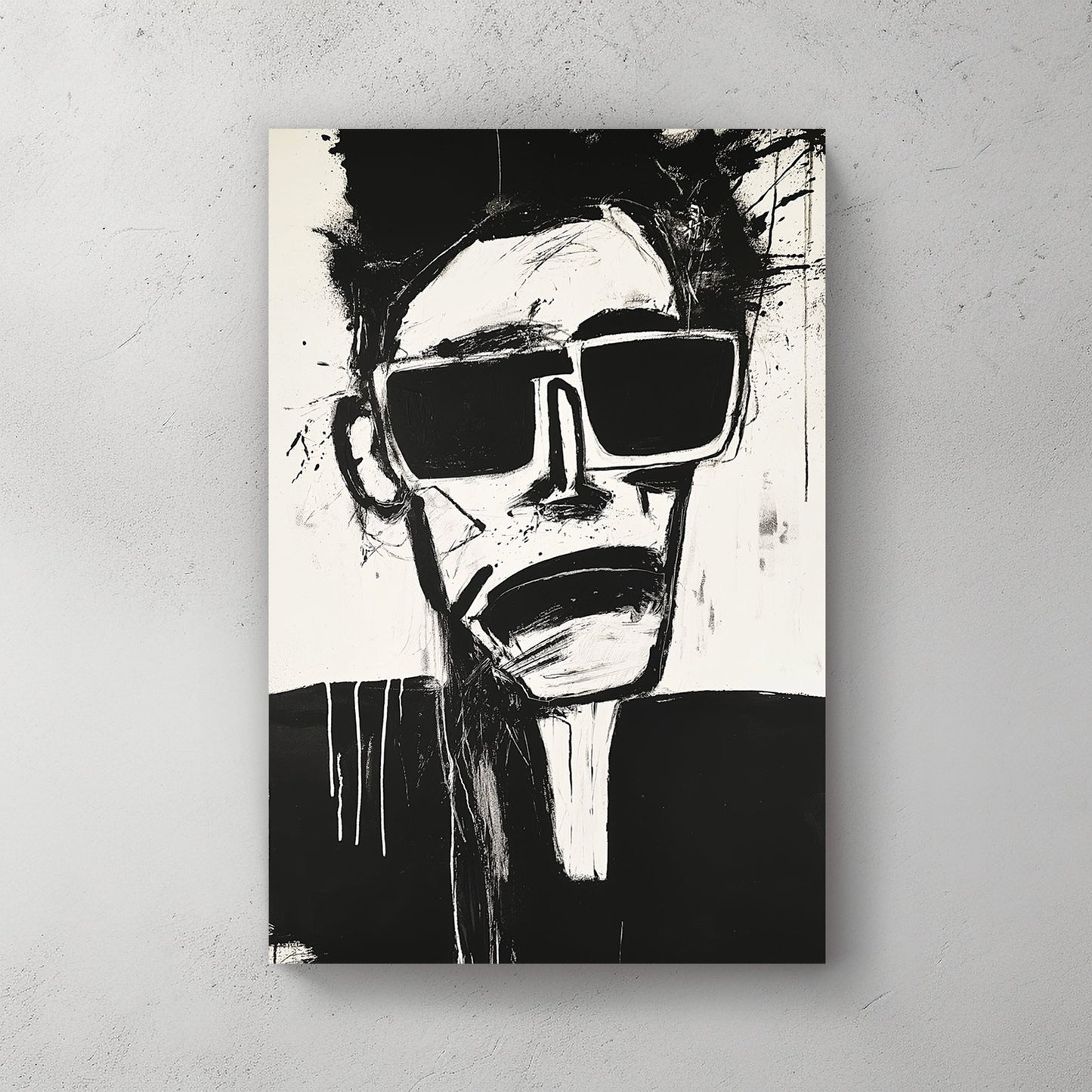 edgy abstract black and white face wall art with sunglasses