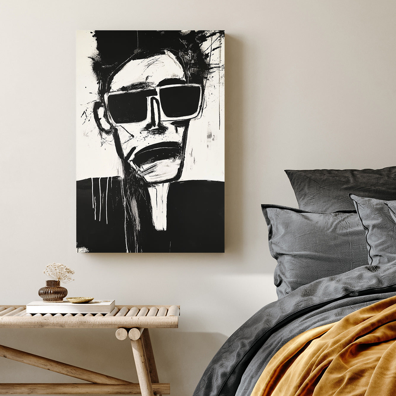 edgy abstract black and white face wall art with sunglasses