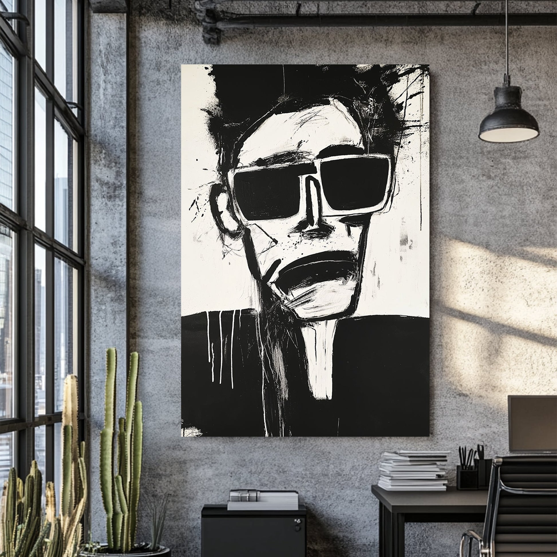 edgy abstract black and white face wall art with sunglasses