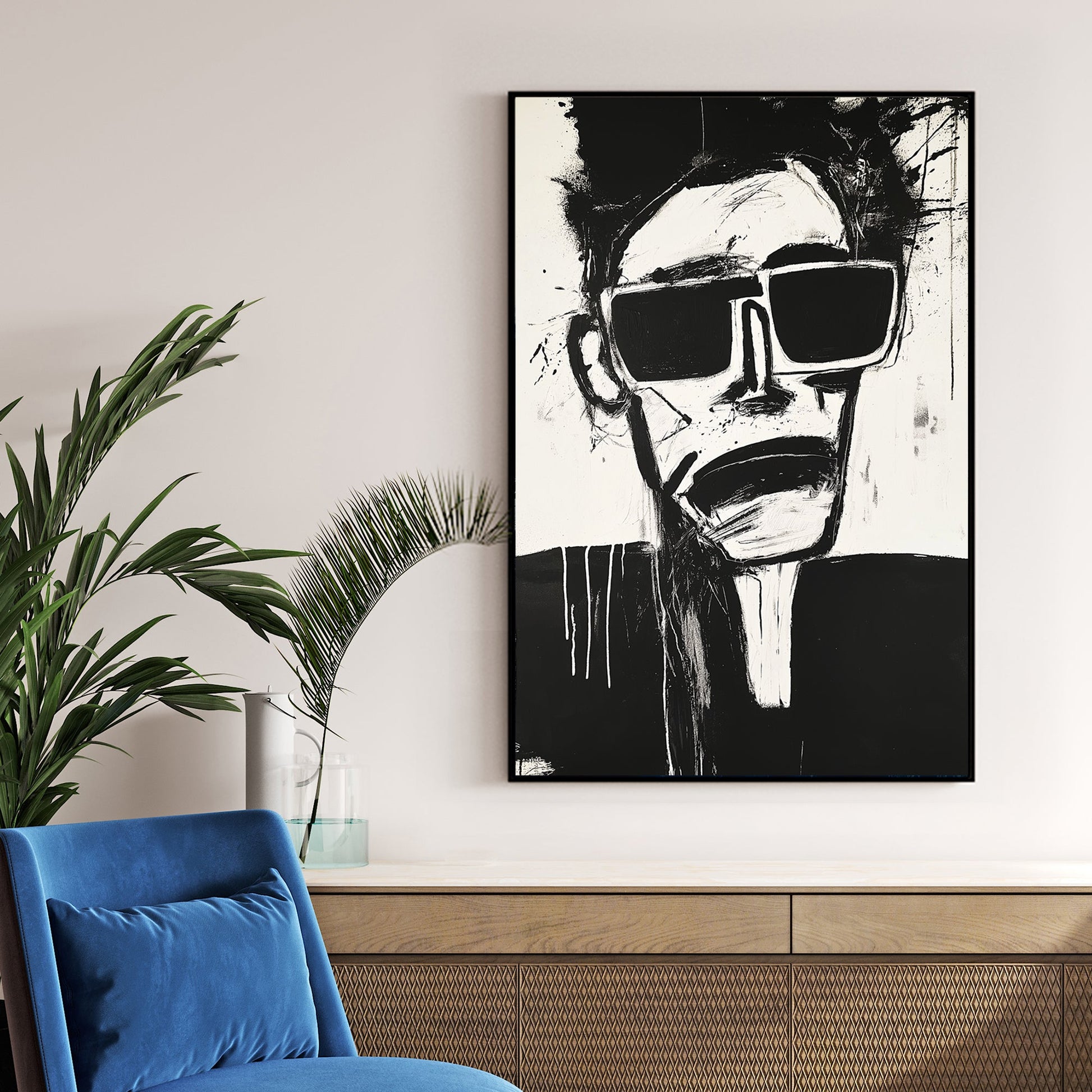 edgy abstract black and white face wall art with sunglasses