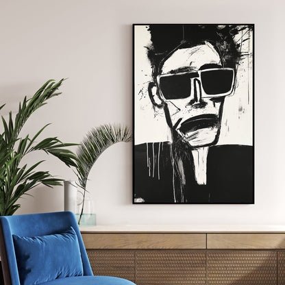 edgy abstract black and white face wall art with sunglasses