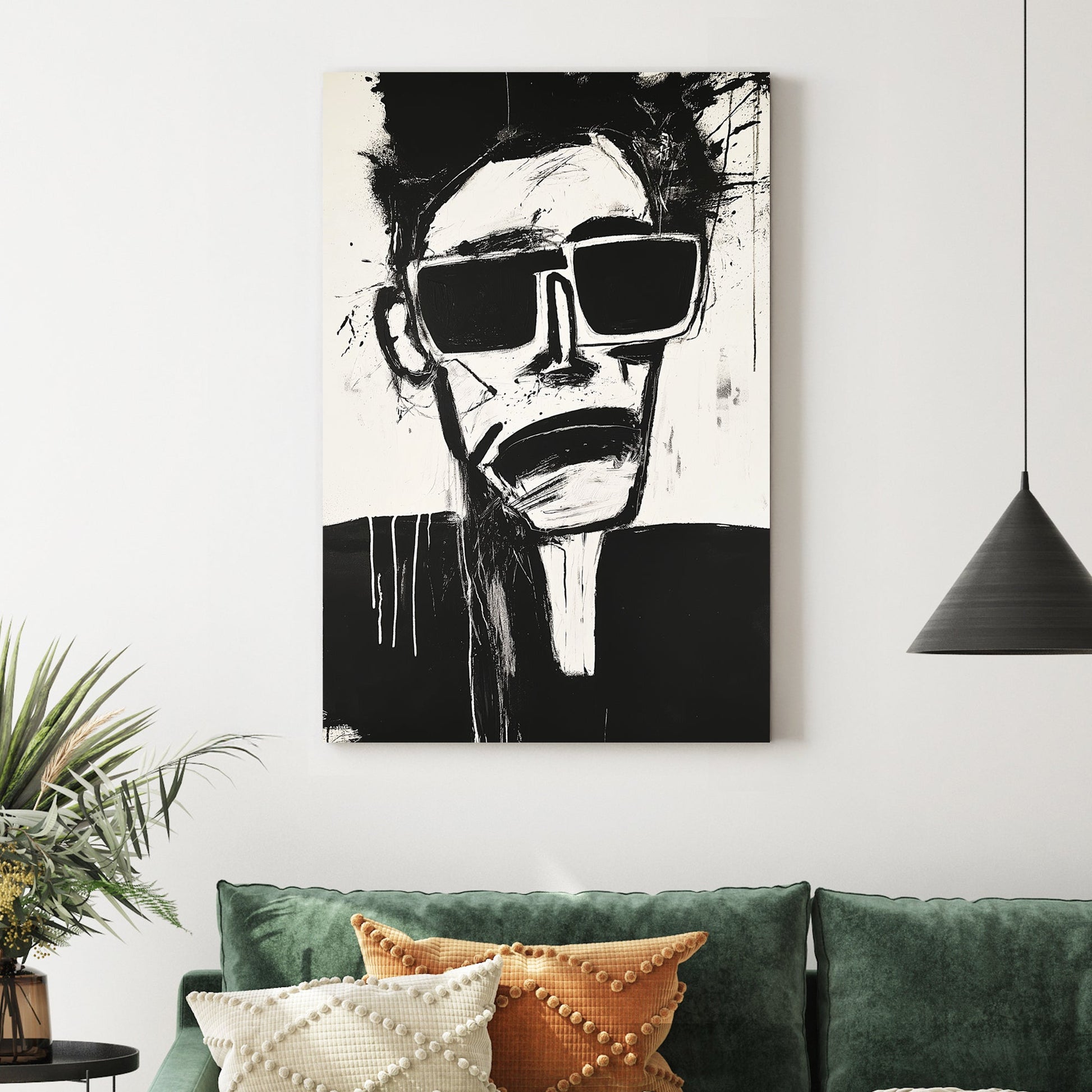edgy abstract black and white face wall art with sunglasses