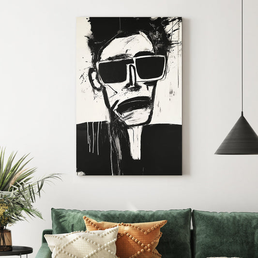 edgy abstract black and white face wall art with sunglasses