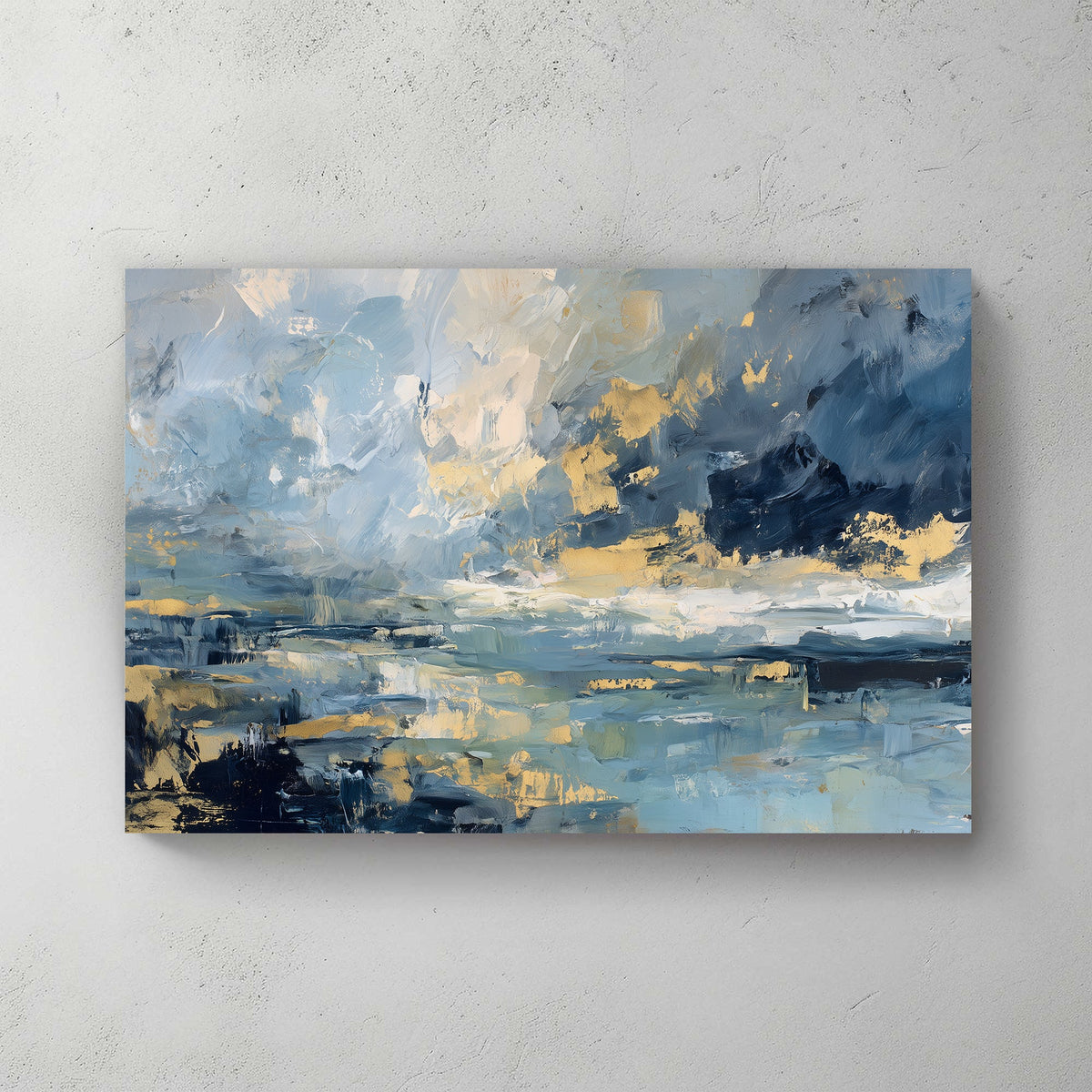 abstract oceanic wall art in blue and gold tones