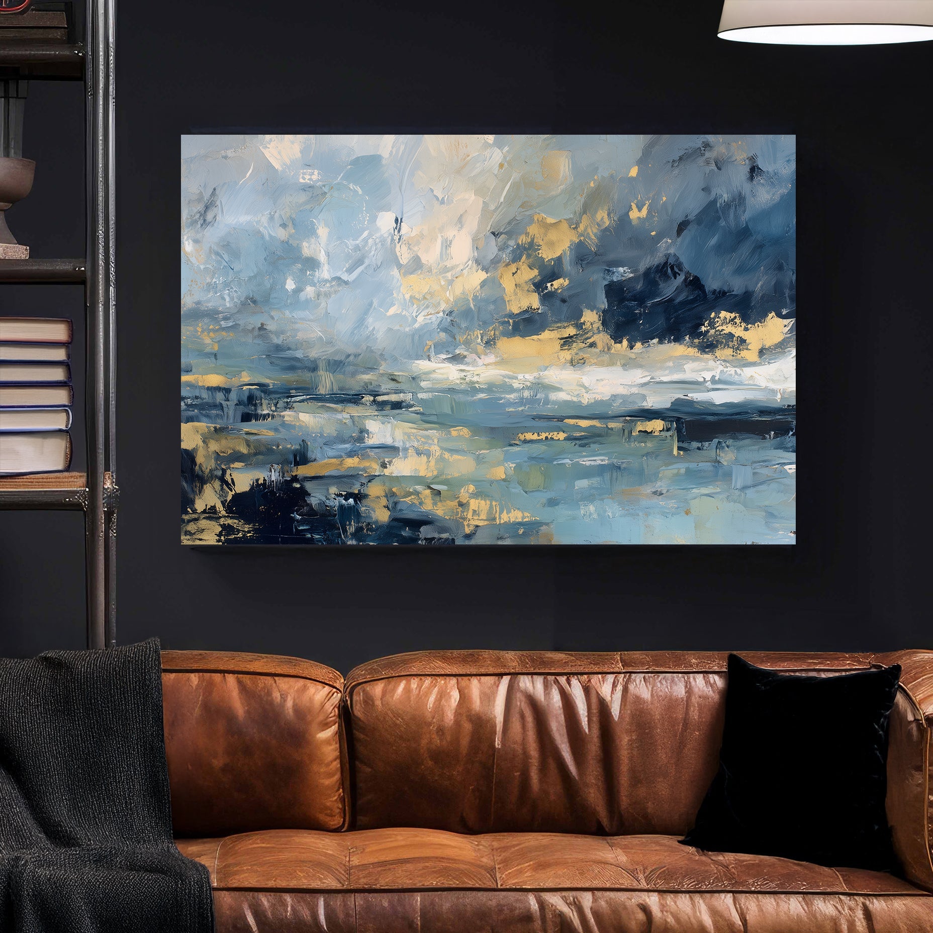 abstract oceanic wall art in blue and gold tones