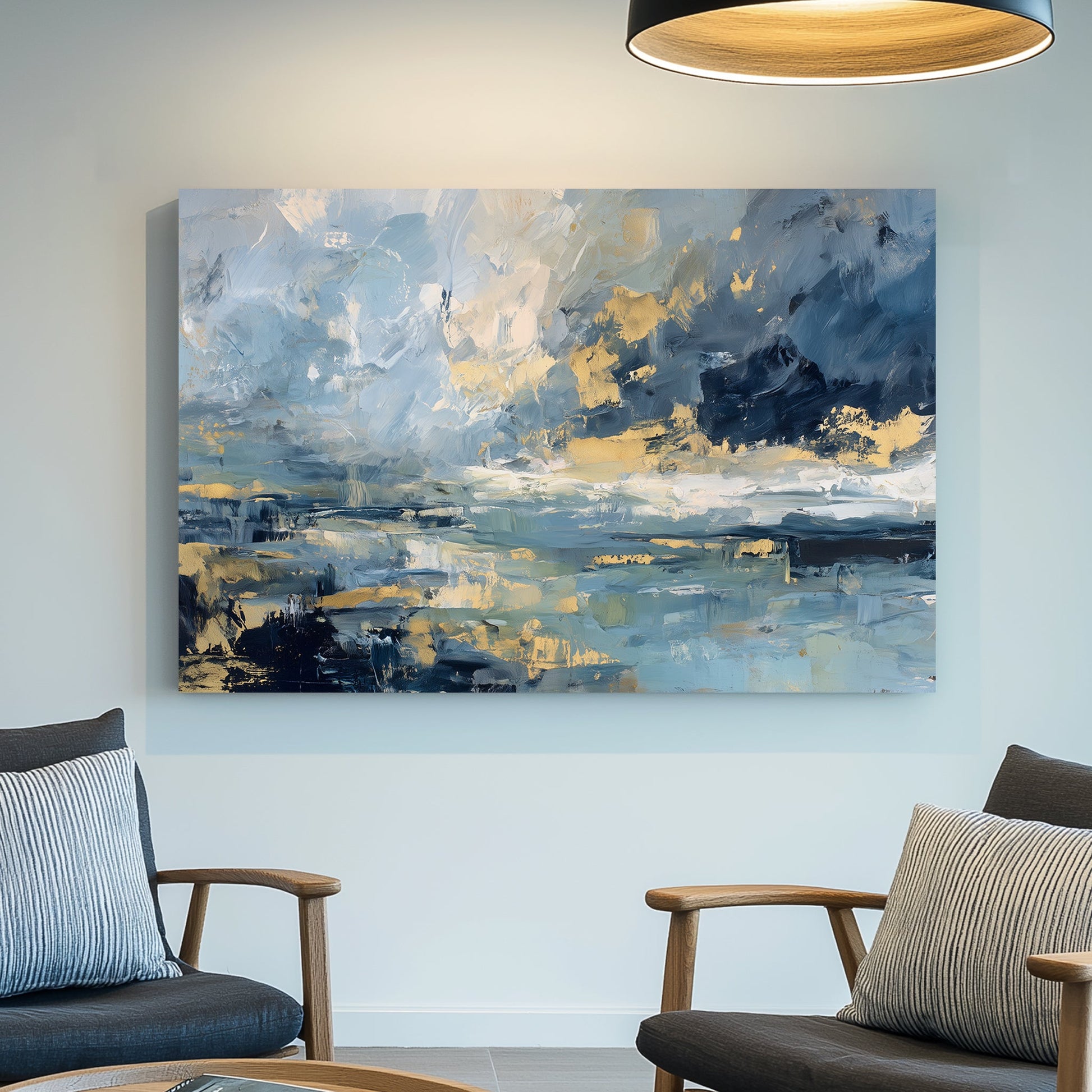 abstract oceanic wall art in blue and gold tones