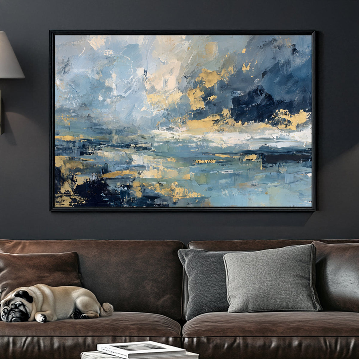abstract oceanic wall art in blue and gold tones