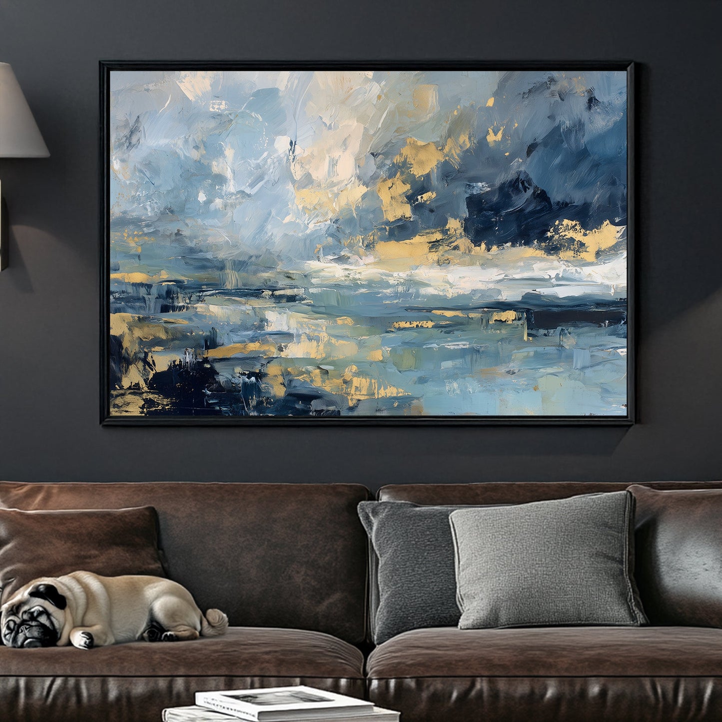 abstract oceanic wall art in blue and gold tones