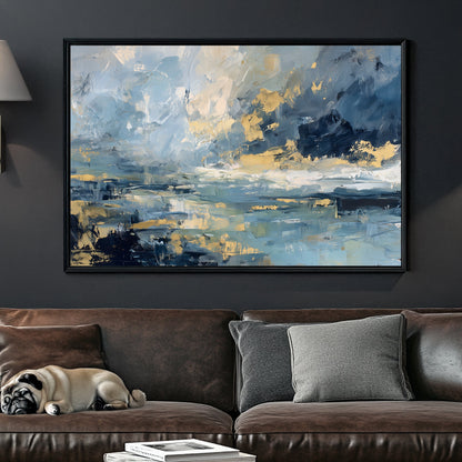 abstract oceanic wall art in blue and gold tones