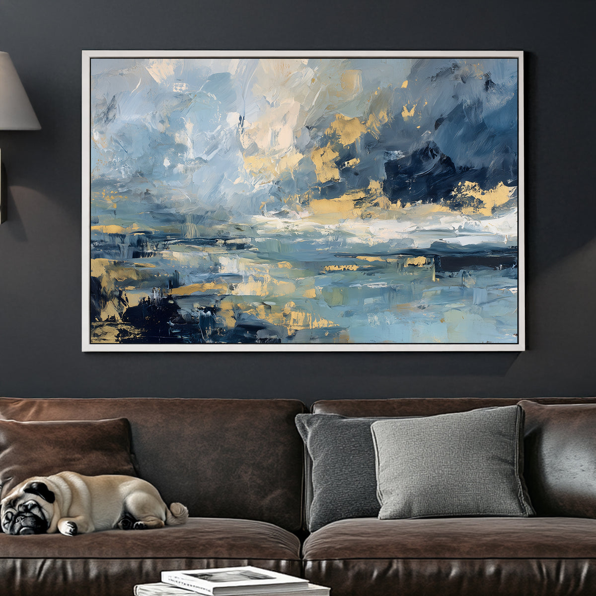 abstract oceanic wall art in blue and gold tones