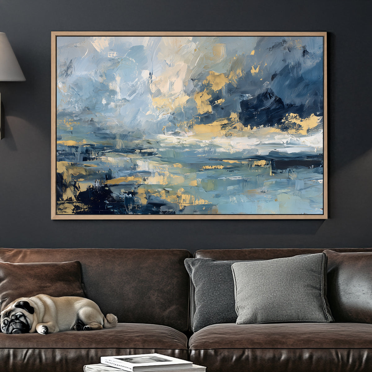 abstract oceanic wall art in blue and gold tones