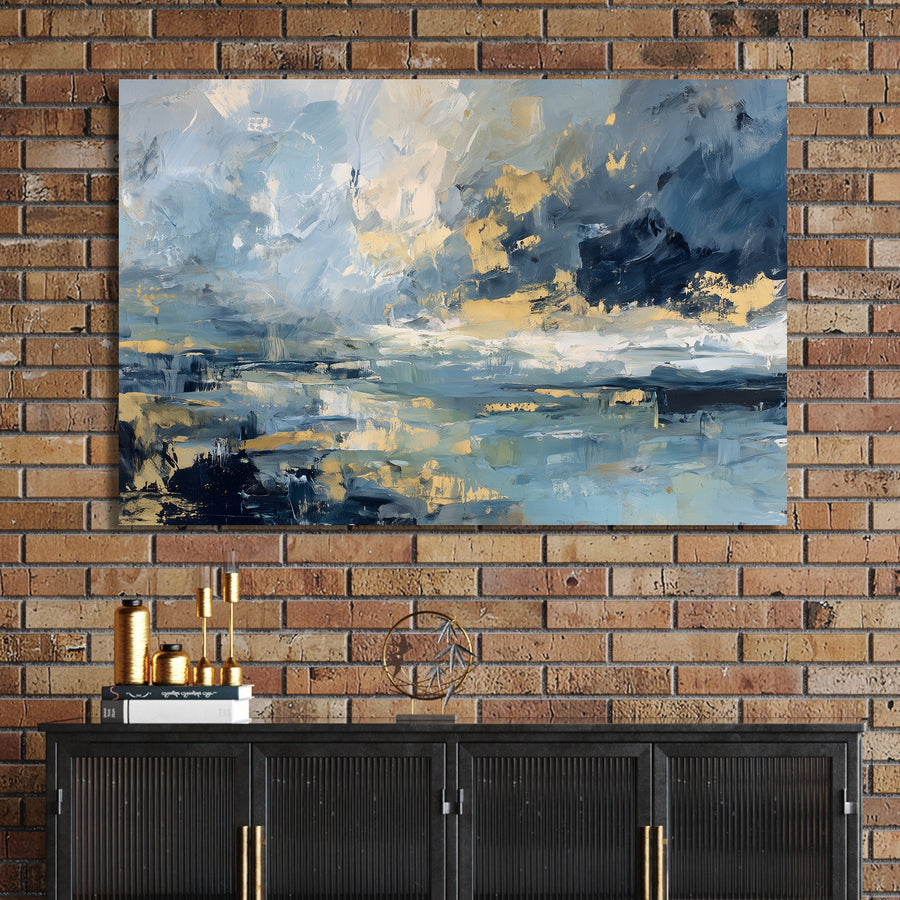 abstract oceanic wall art in blue and gold tones