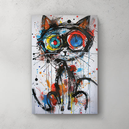 graffiti-style cat wall art with colourful eyes and abstract splatters