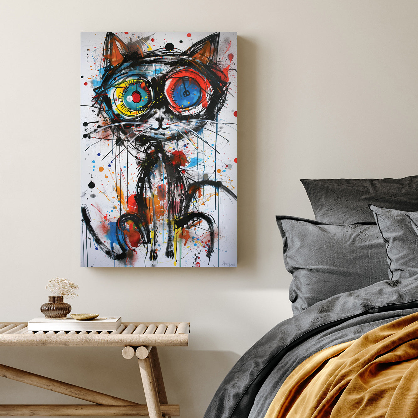 graffiti-style cat wall art with colourful eyes and abstract splatters