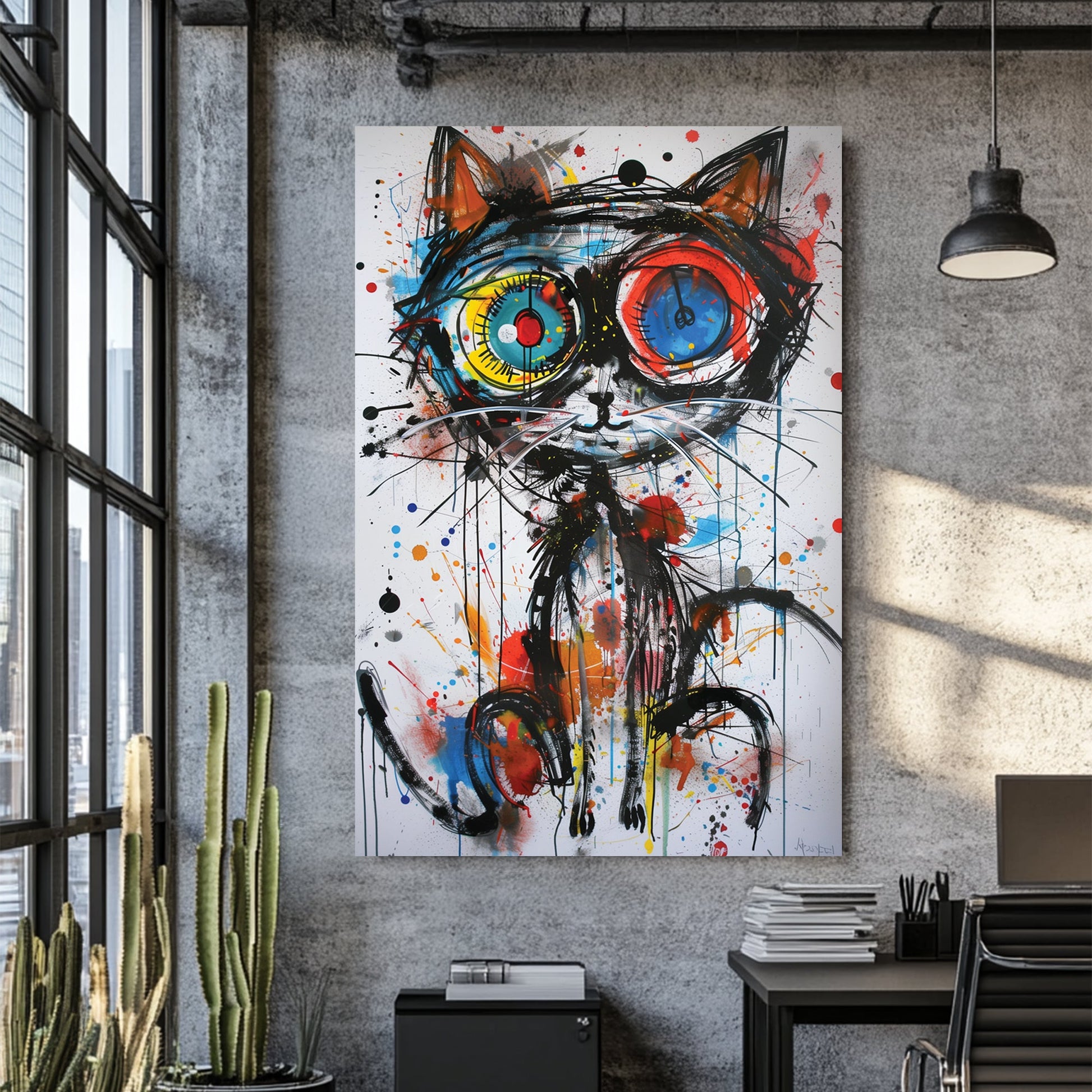 graffiti-style cat wall art with colourful eyes and abstract splatters