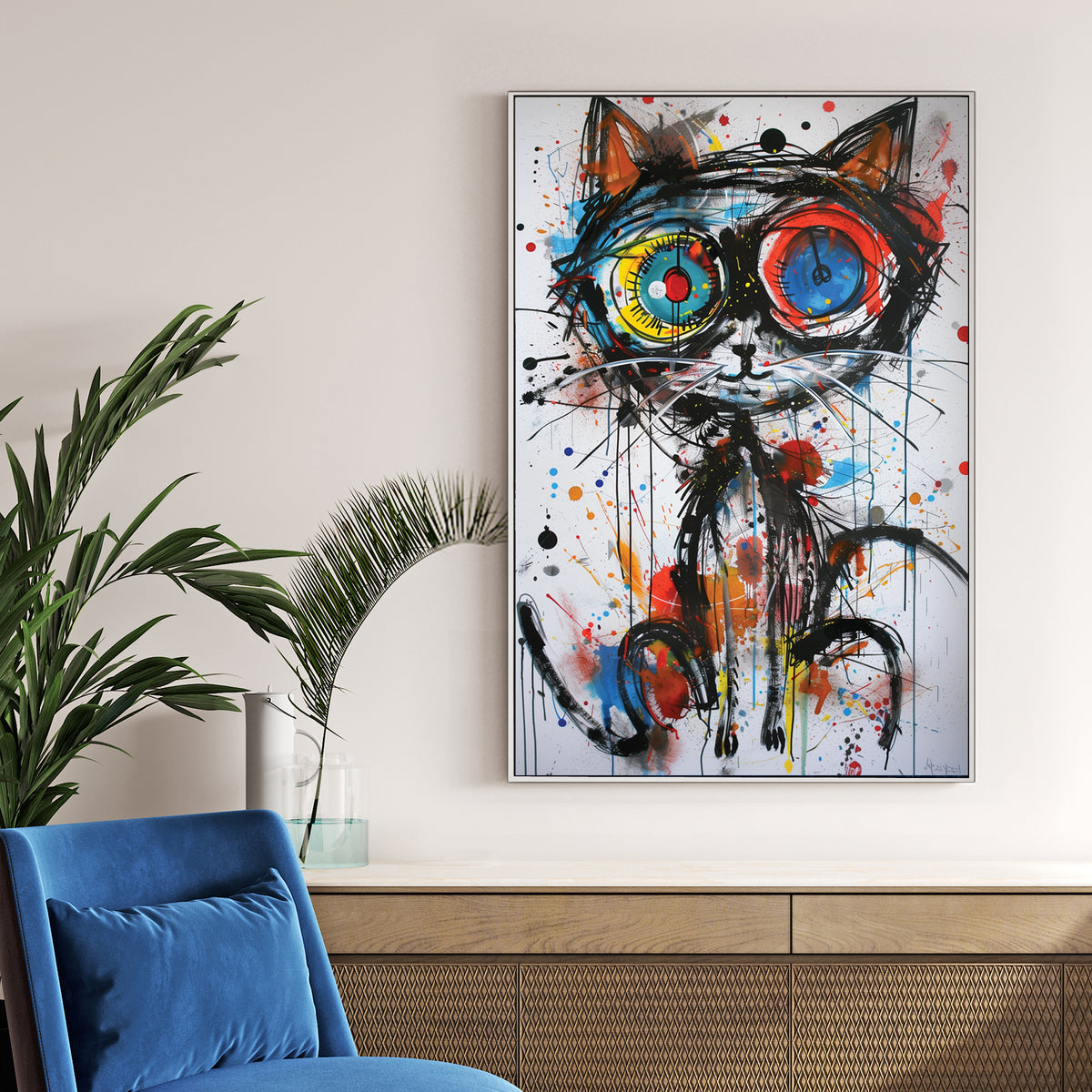 graffiti-style cat wall art with colourful eyes and abstract splatters
