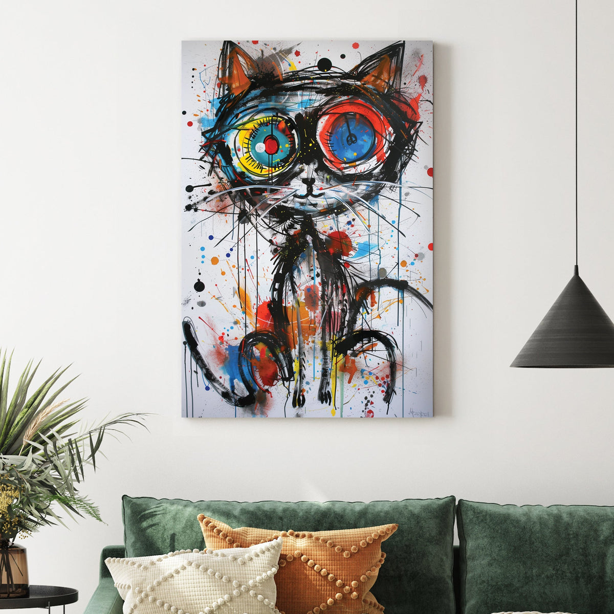 graffiti-style cat wall art with colourful eyes and abstract splatters