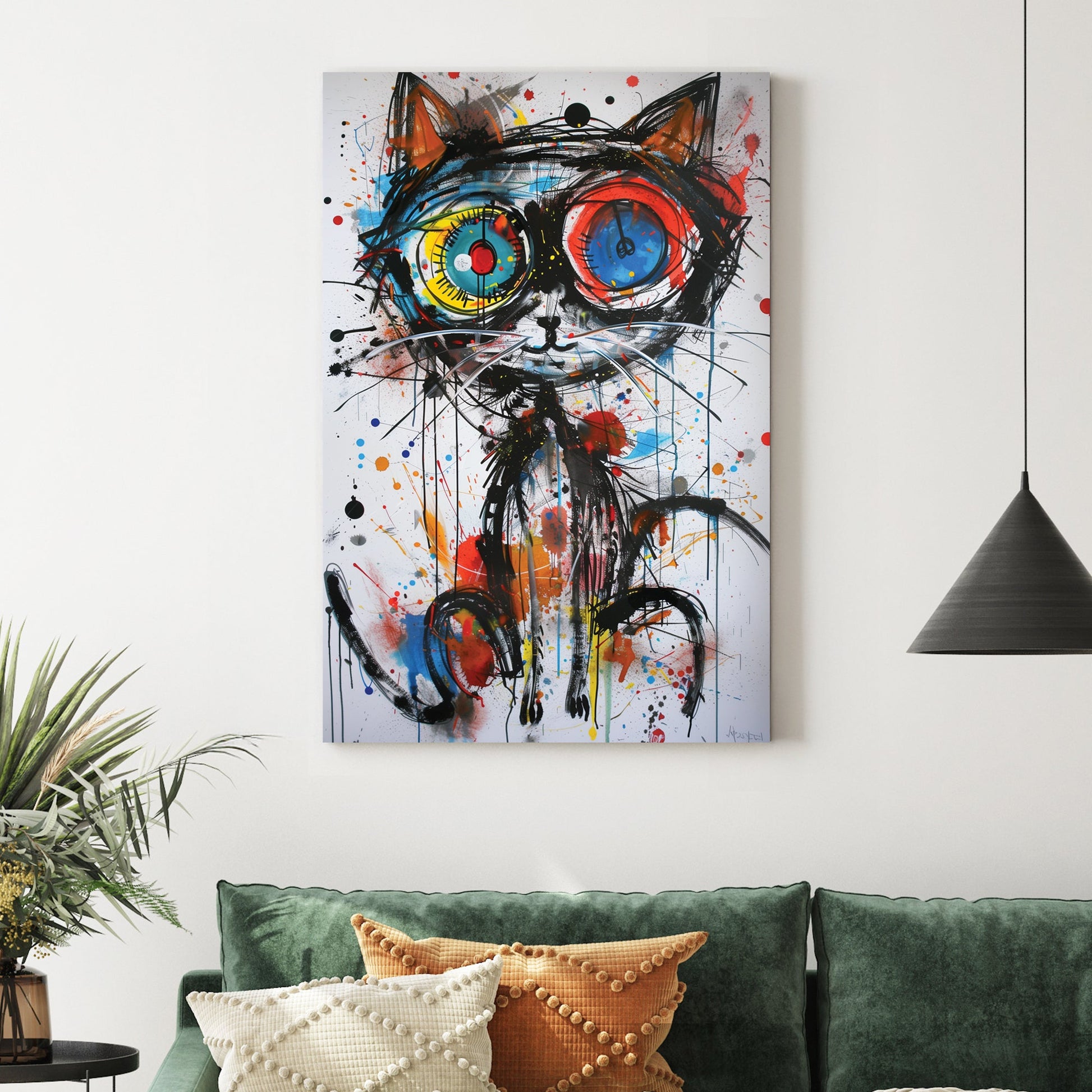 graffiti-style cat wall art with colourful eyes and abstract splatters