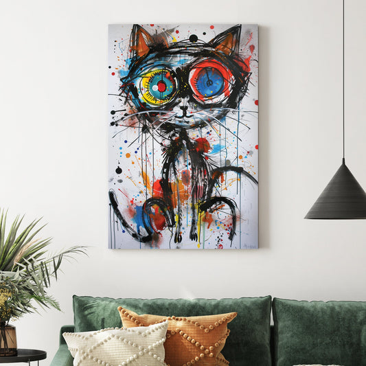 graffiti-style cat wall art with colourful eyes and abstract splatters