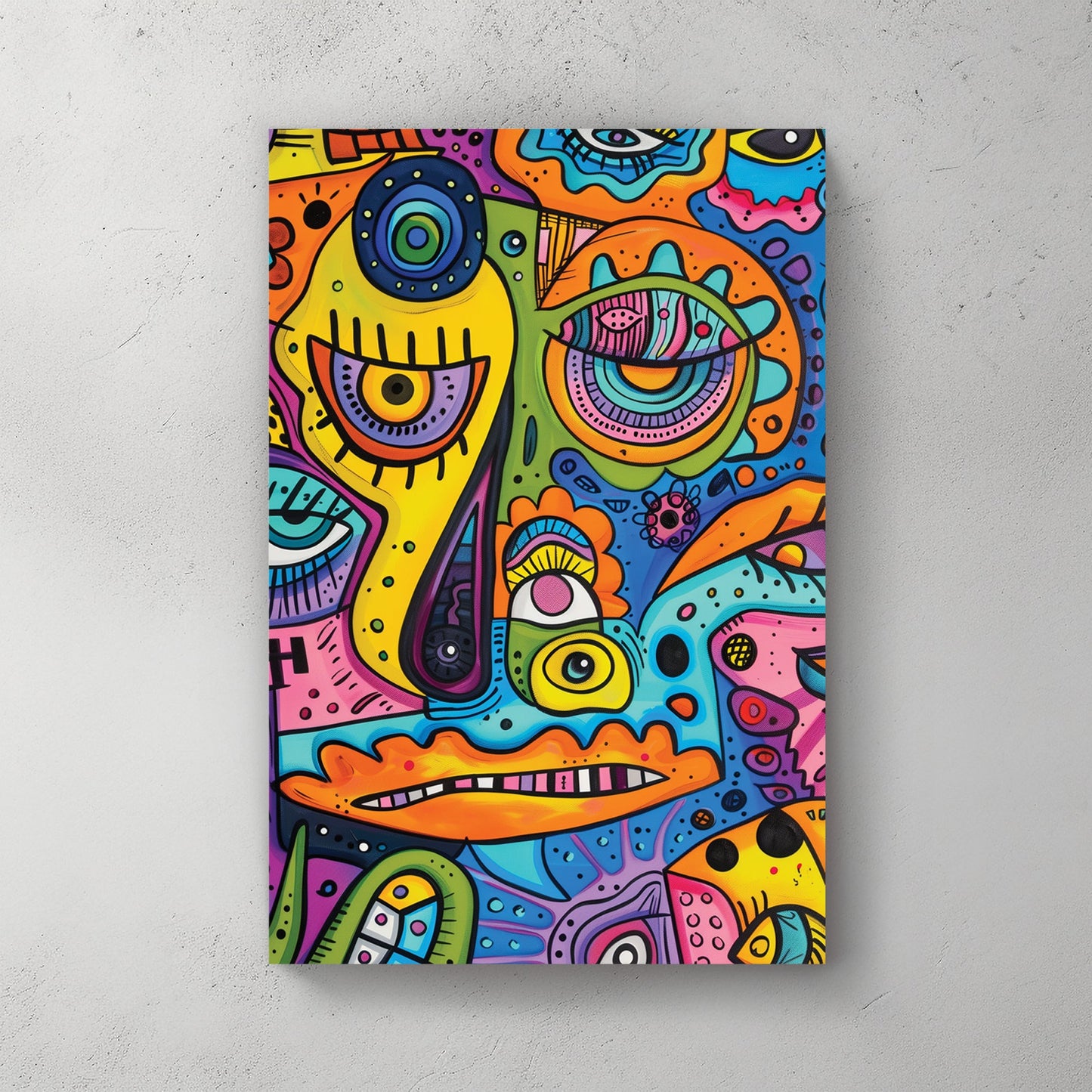 abstract cartoon character wall art with bright neon colours