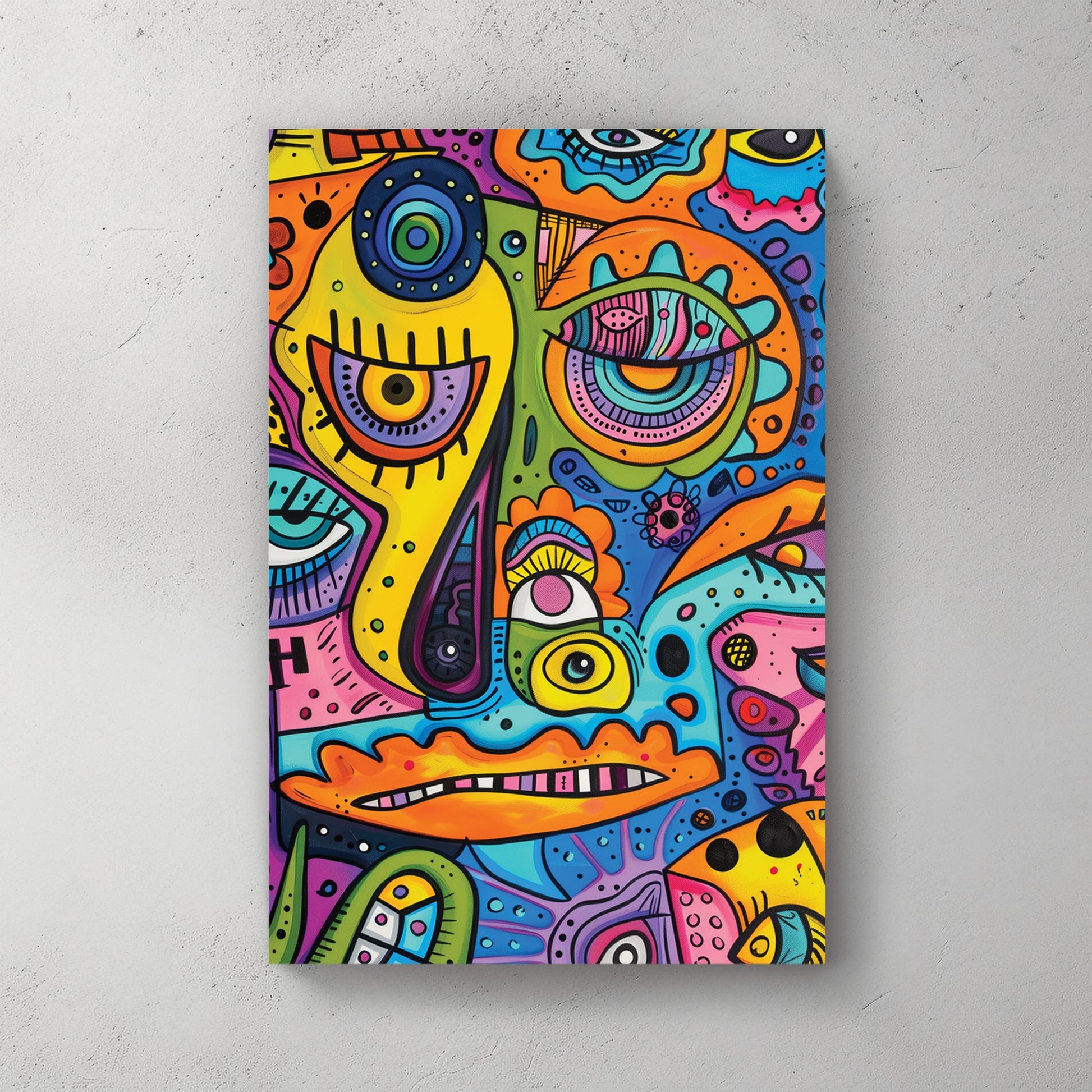 abstract cartoon character wall art with bright neon colours