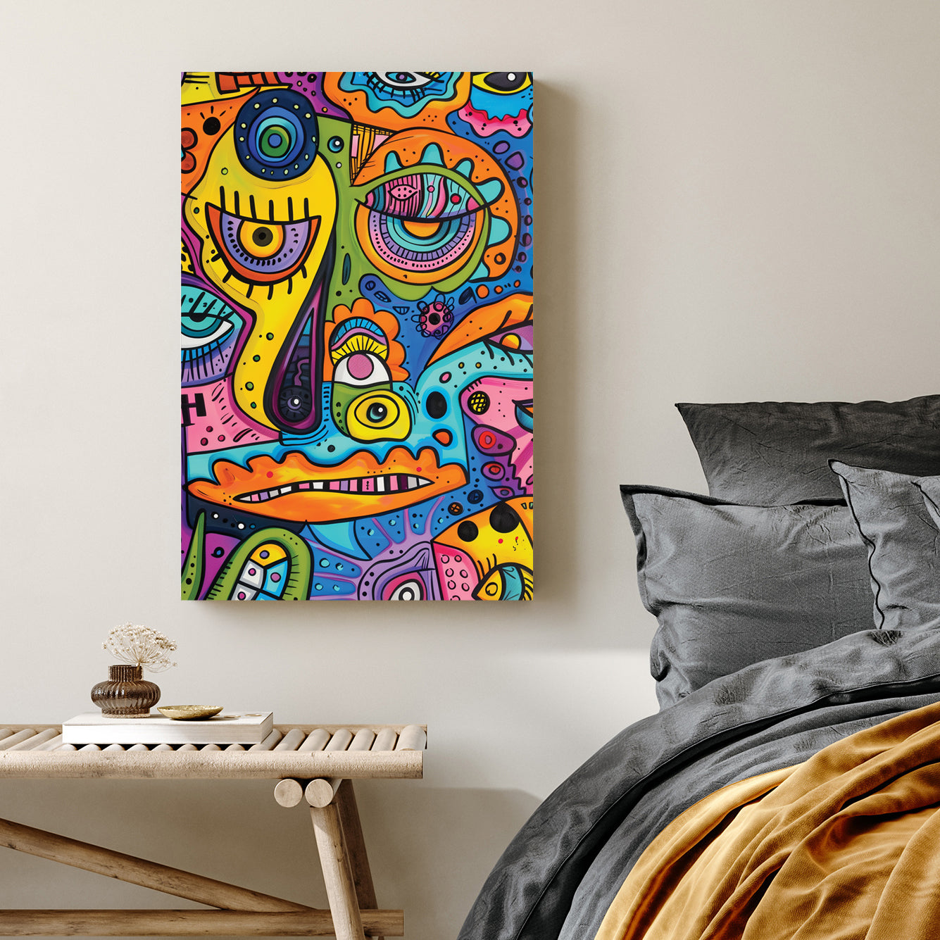abstract cartoon character wall art with bright neon colours